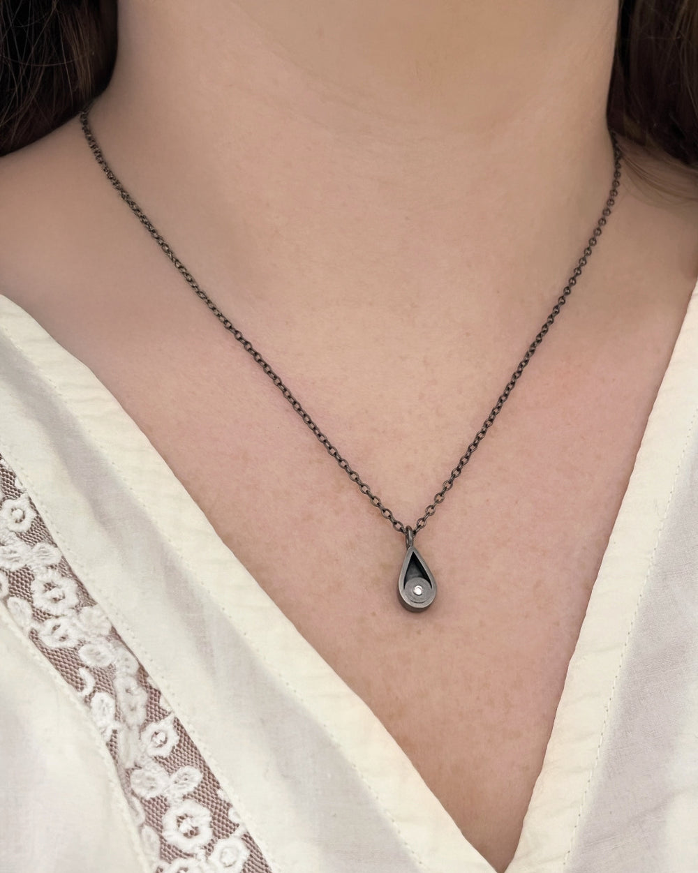 Oxidized Teardrop Necklace with Diamond