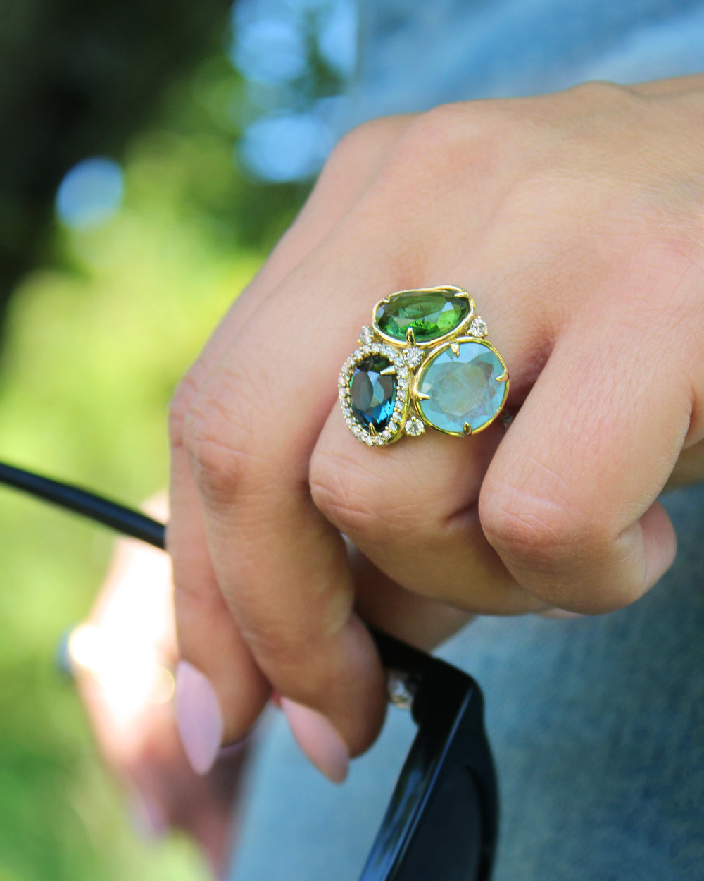 Blue and Green Cluster Aqua & Topaz Ring