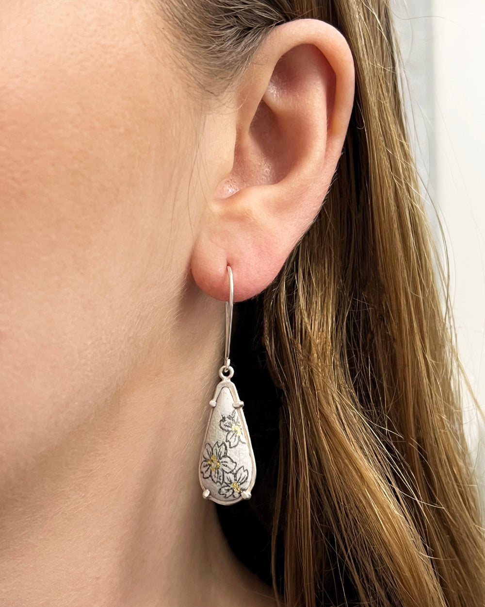 Elongated Teardrop Cherry Blossom Dangle Earrings