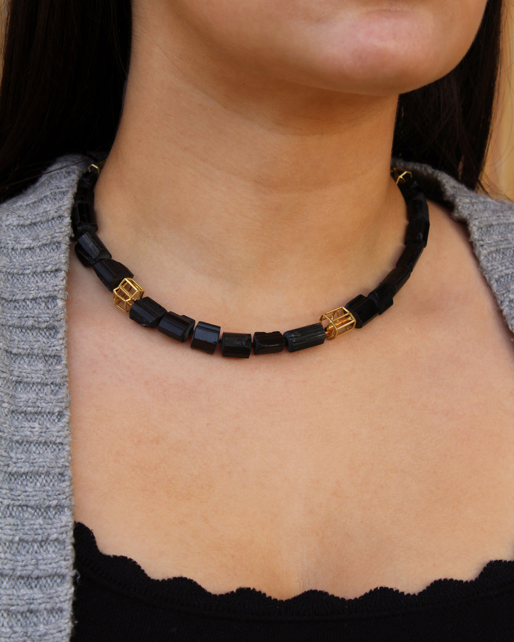 Black Tourmaline and Rock Structure Necklace