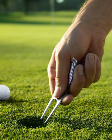 Royal Troon golf tool held on the green, crafted from aerospace-grade titanium with a fossilized woolly mammoth tooth inlay. Shown in use as a ball mark repair tool. Explore more luxury gifts for men, including golf tools, money clips, watches, bracelets, and pens. All items and men's gifts are available online or in-store at Green Lake Gallery, located in Seattle and Bellevue.