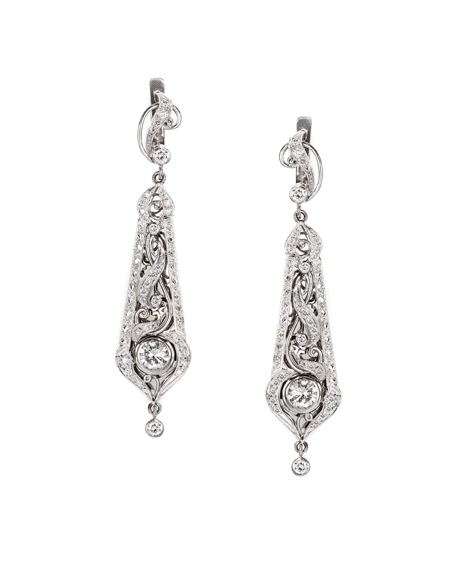 14k White Gold Hand Fabricated Diamond Drop Earings