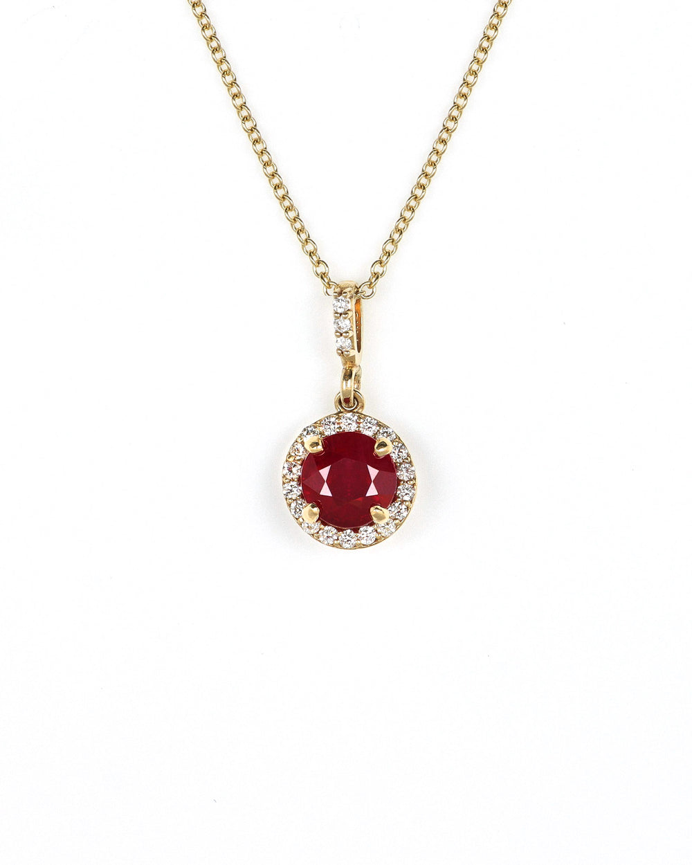 Ruby and diamond halo pendant