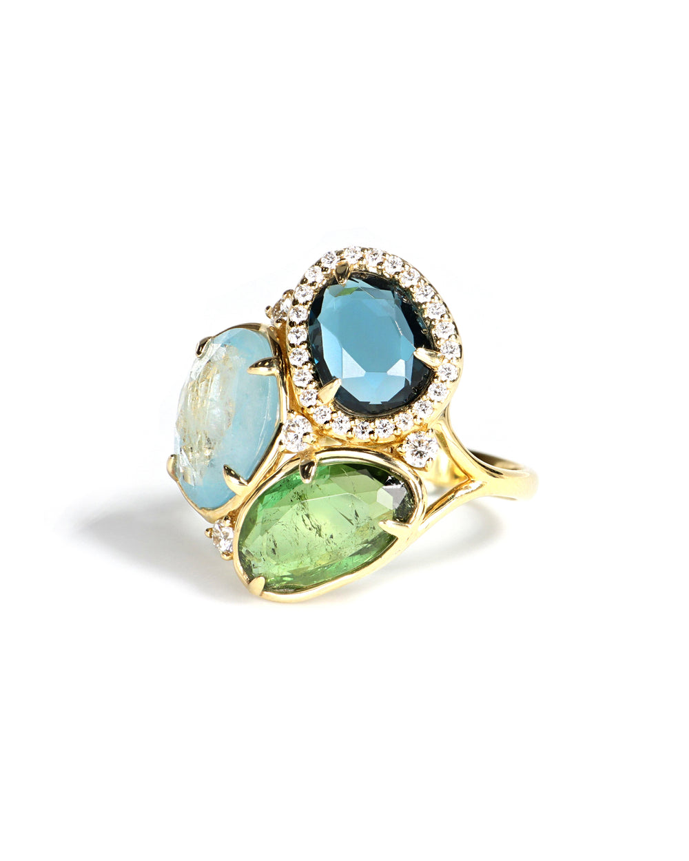 Blue and Green Cluster Aqua & Topaz Ring