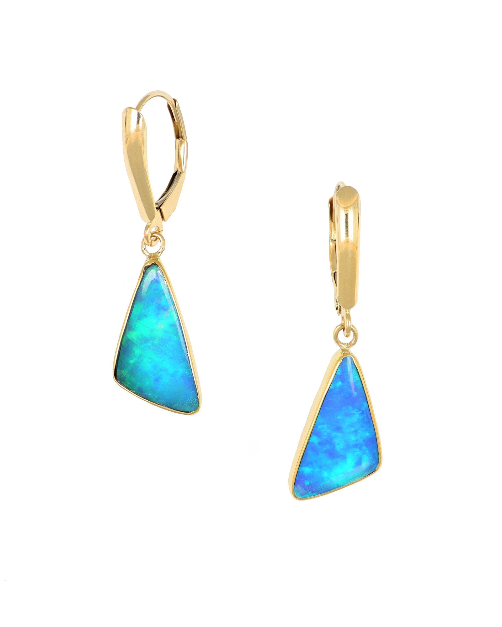 Opal Triangle Earrings, yellow gold, white background