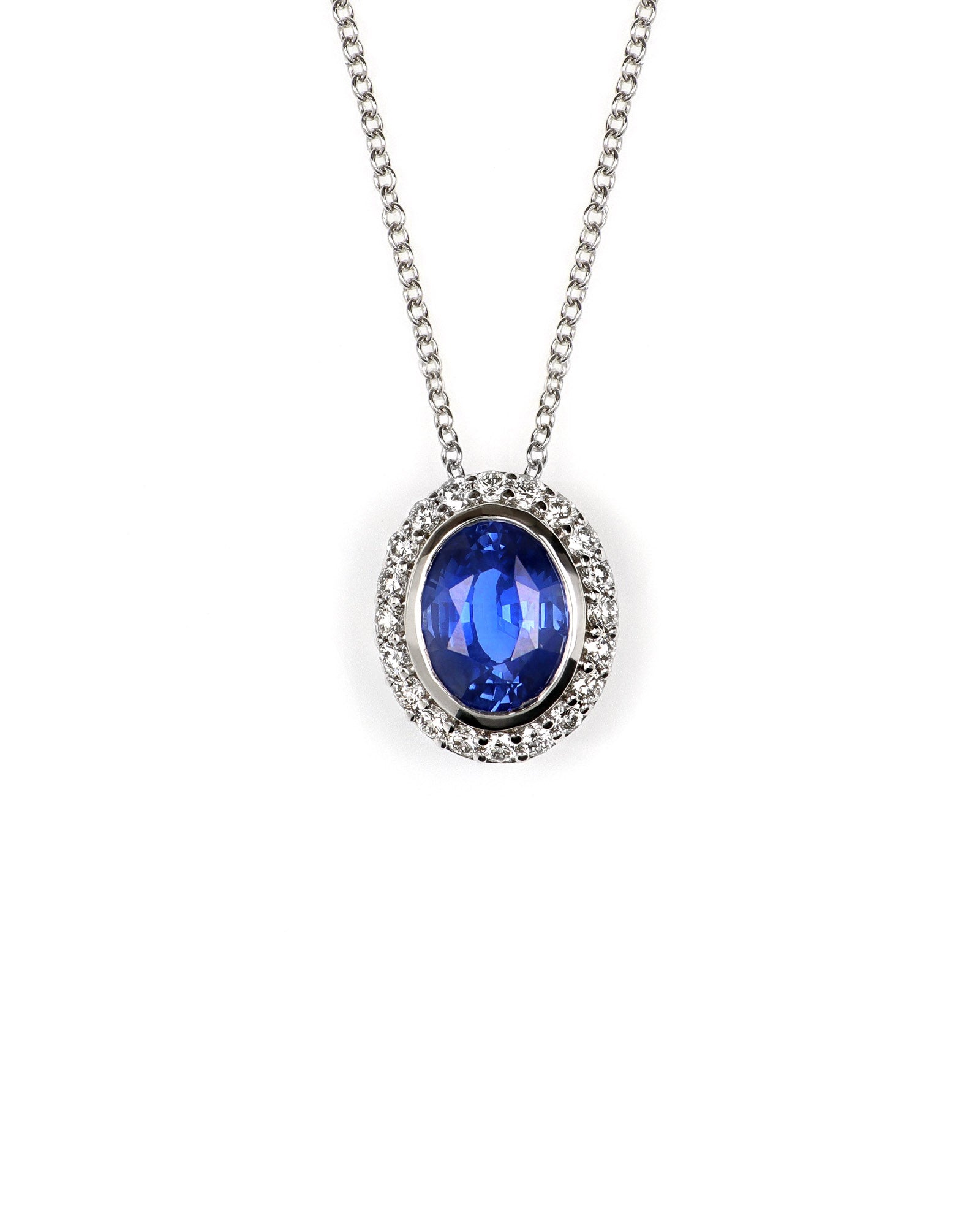 Diamond Halo and Bezel Sapphire Pendant