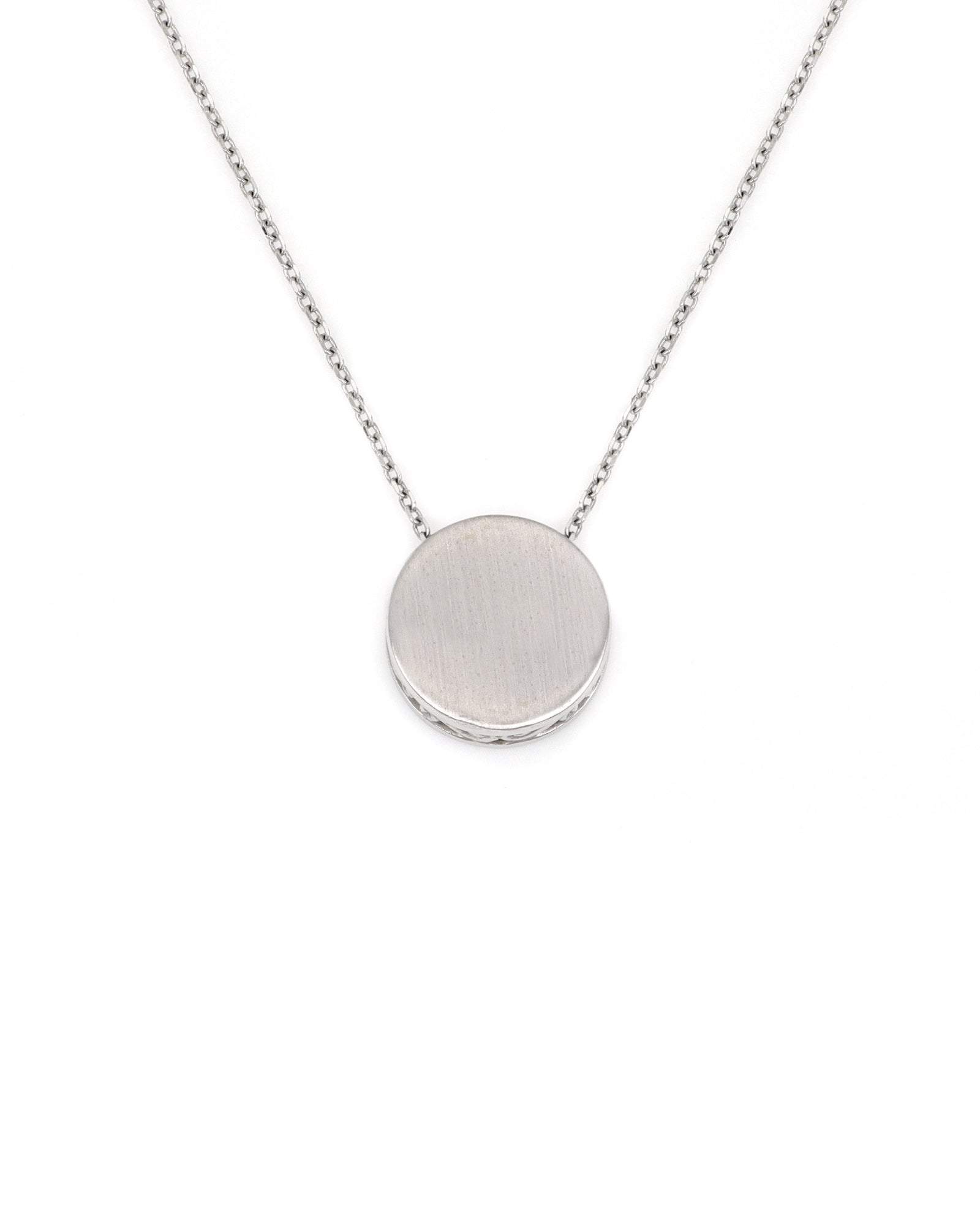 Engravable White Gold Matte Disc Necklace