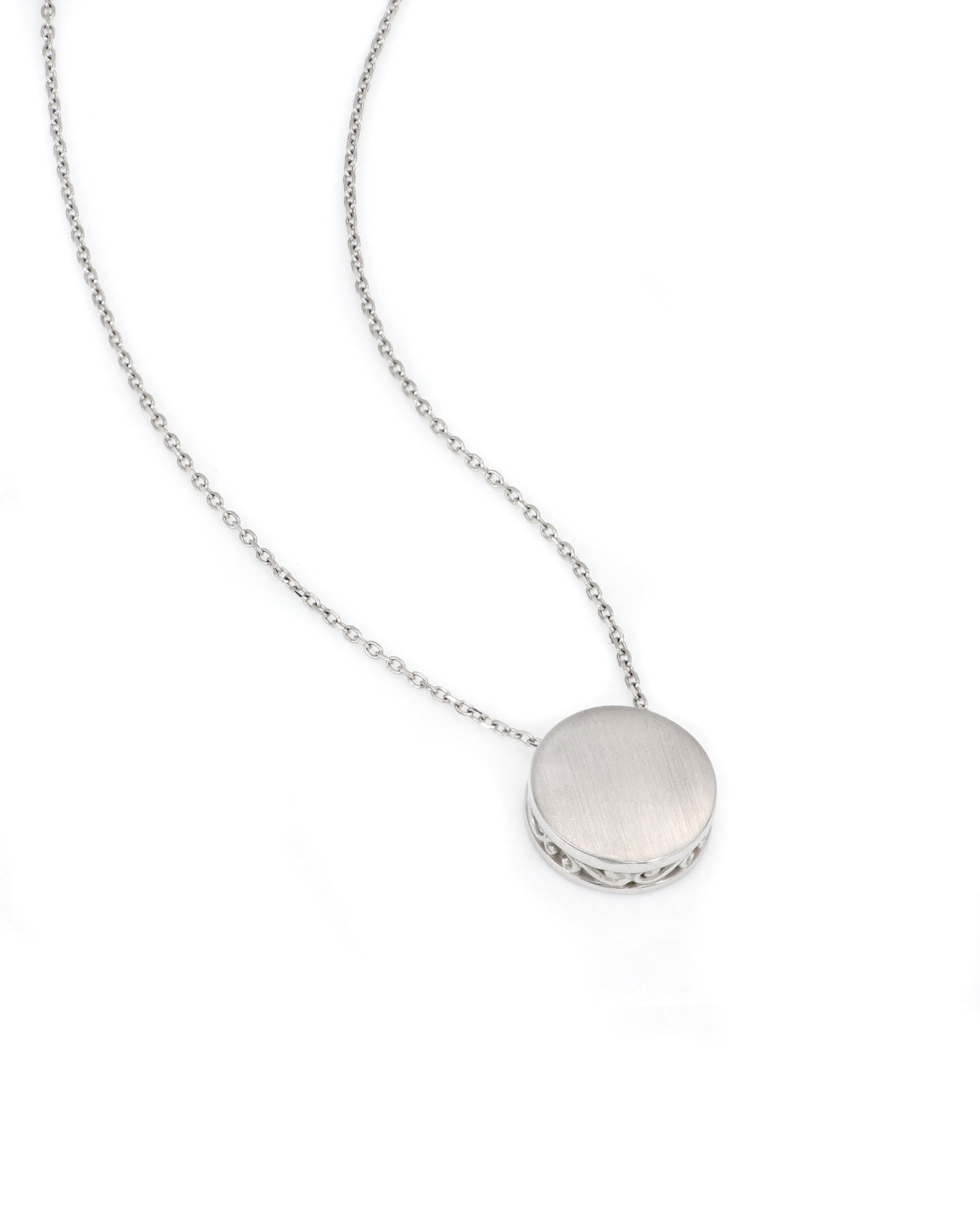 Engravable White Gold Matte Disc Necklace