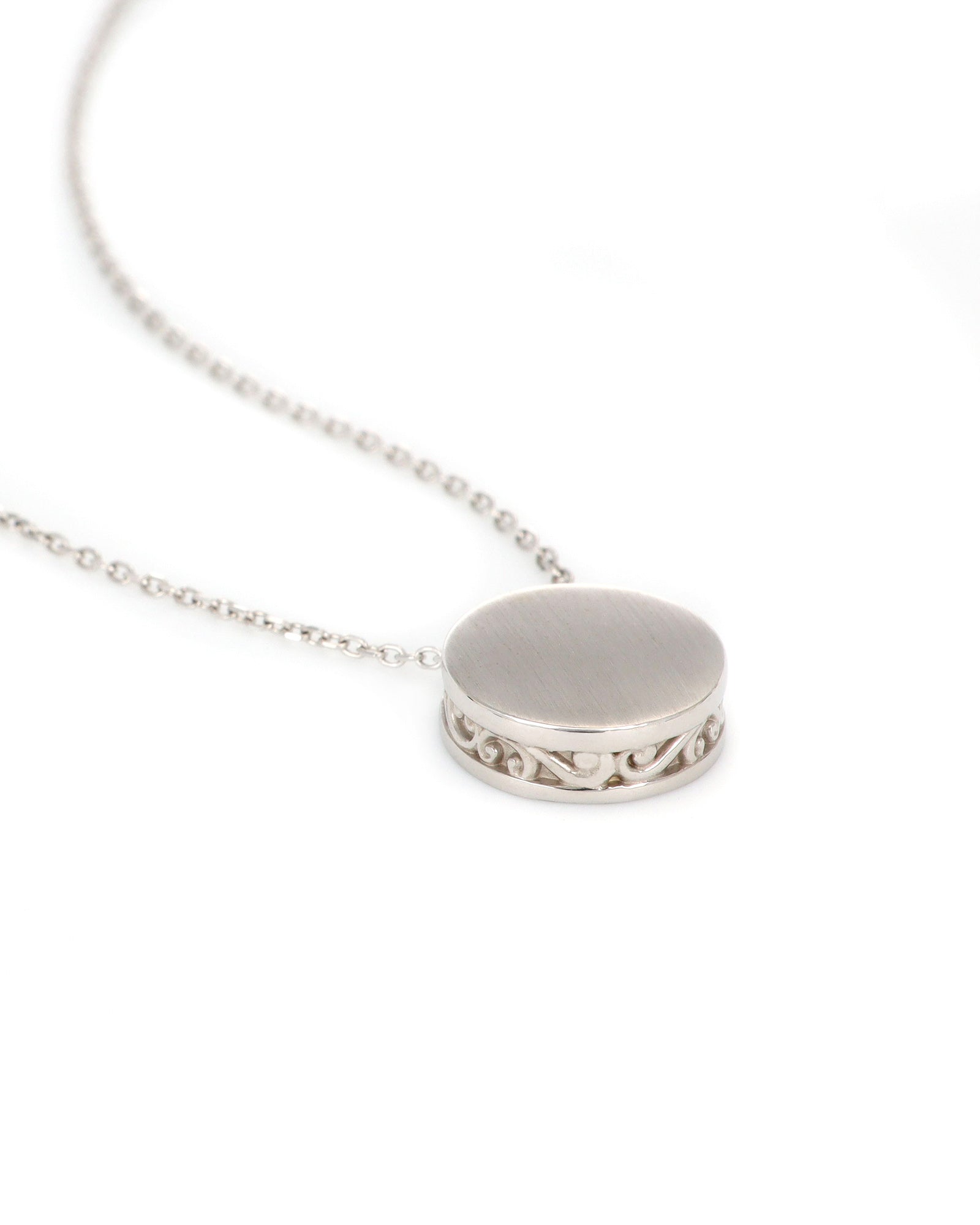 Engravable White Gold Matte Disc Necklace