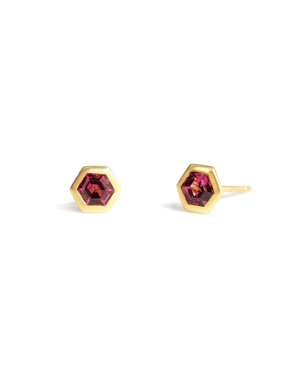 18ky Hexagon Pink Garnet Bezel Studs