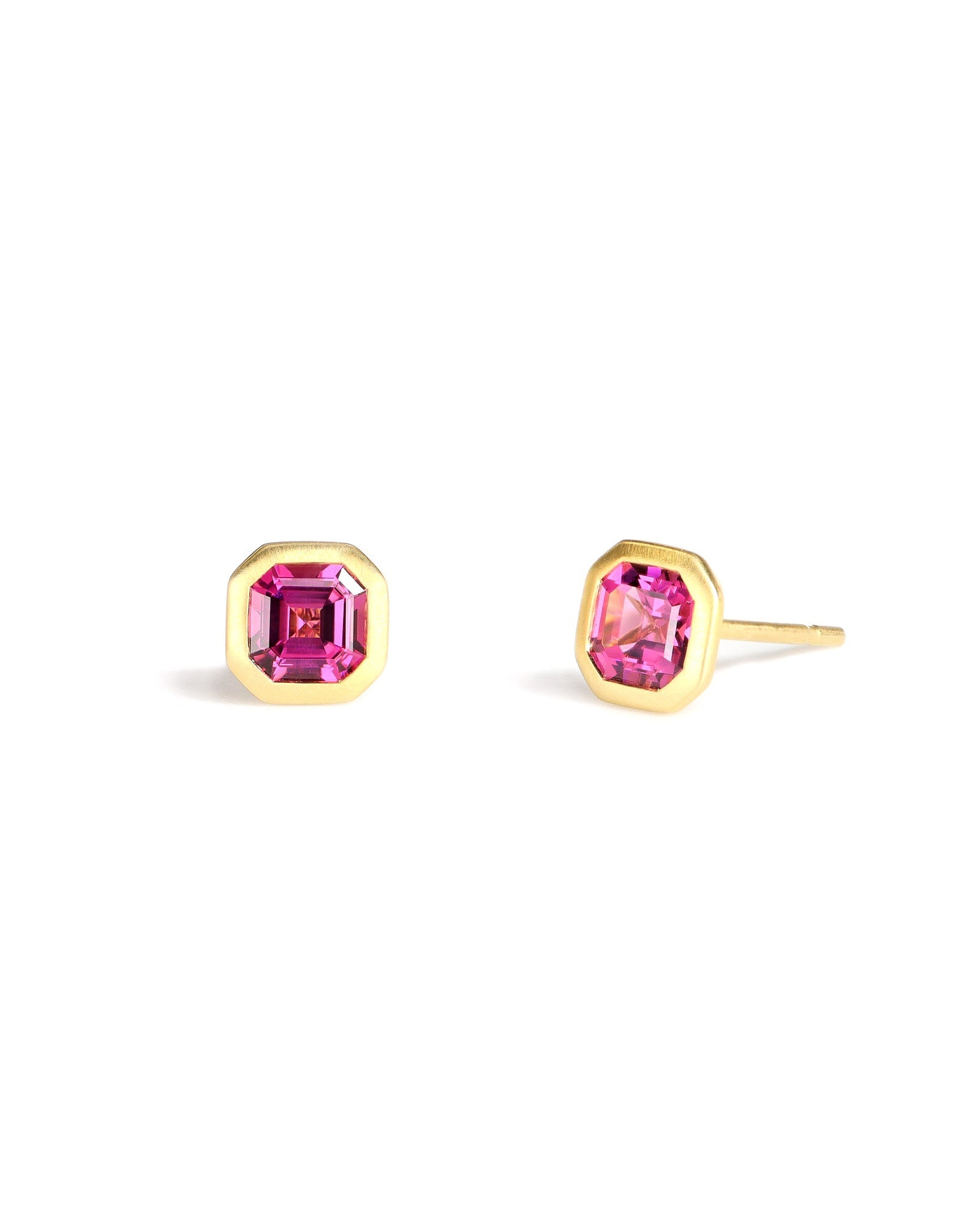 18ky Asscher Pink Garnet Bezel Studs