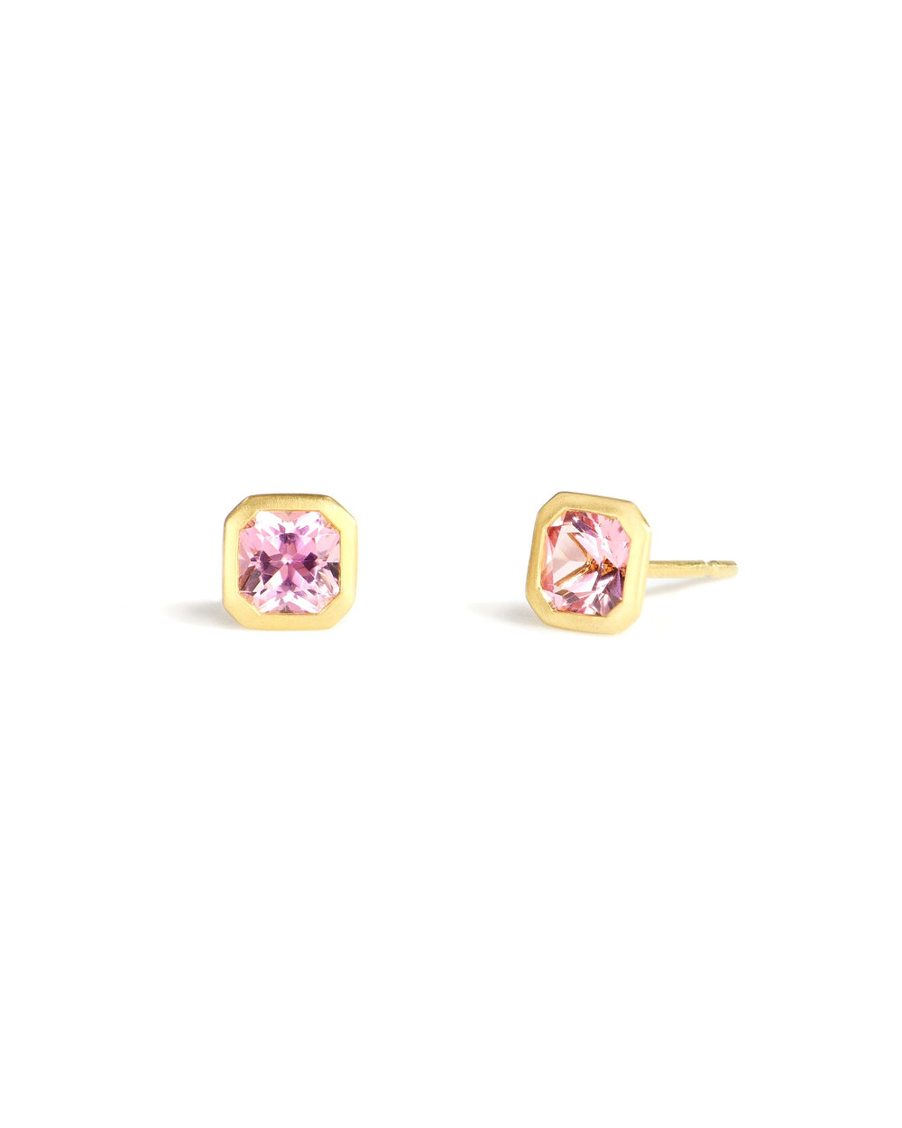 18ky Asscher Pink Tourmaline Bezel Studs