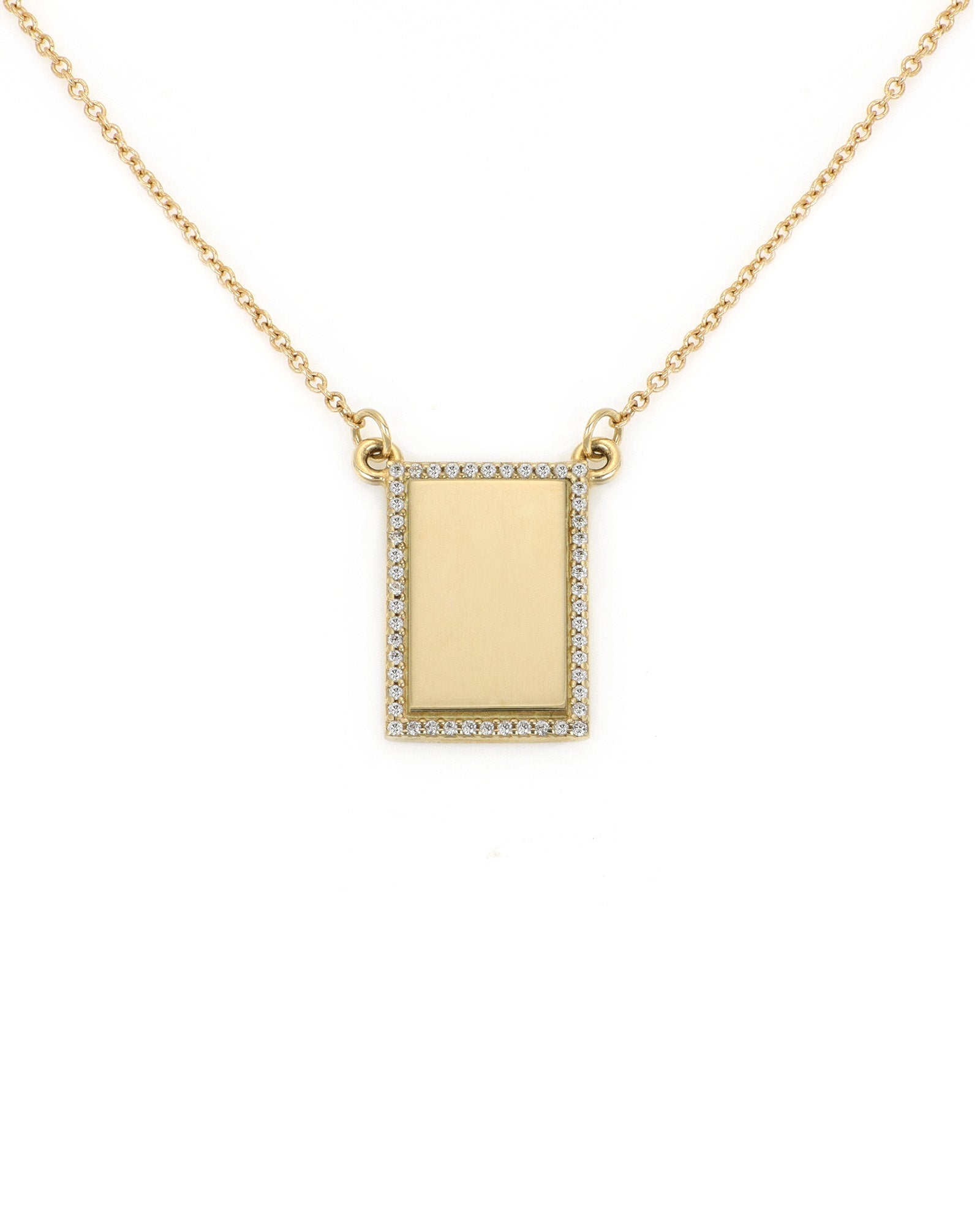 Engravable Yellow Gold Tag Necklace with Diamond Halo