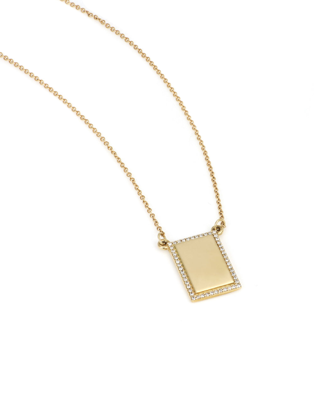Engravable Yellow Gold Tag Necklace with Diamond Halo