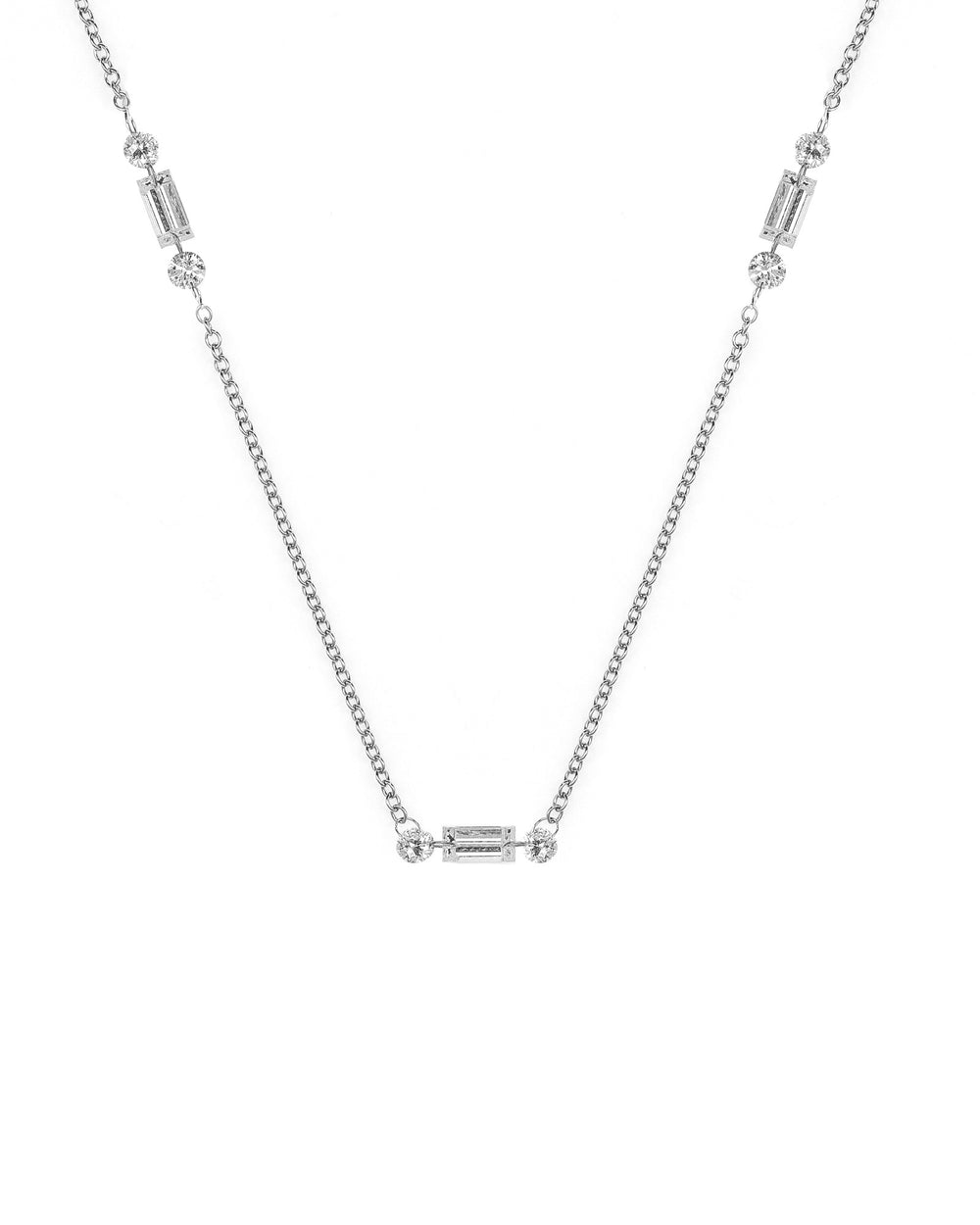 Dainty 14kw Round and Baguette Lab Diamond Suspension Station Necklace