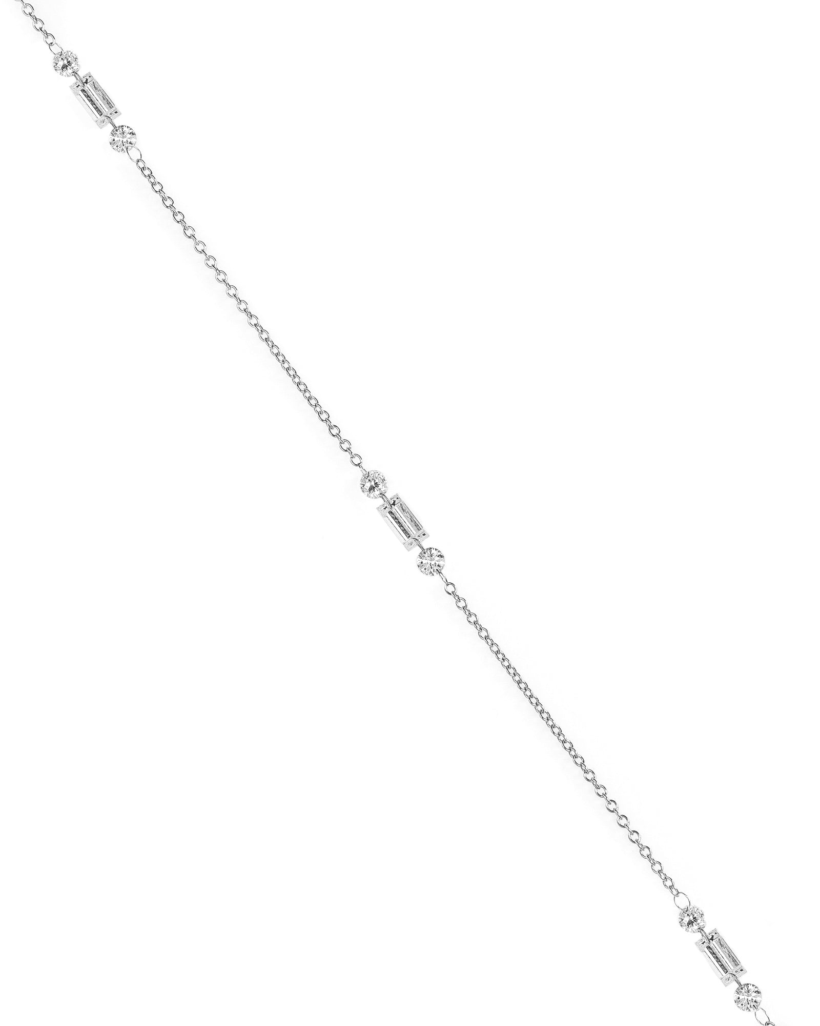 Dainty 14kw Round and Baguette Lab Diamond Suspension Station Necklace