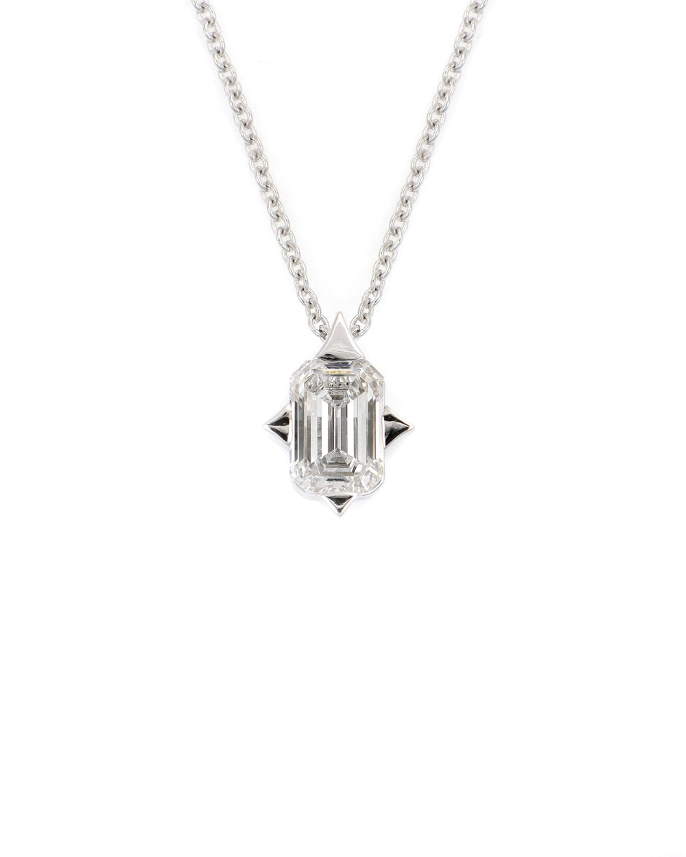 14kw Emerald Cut Lab Diamond Pointed Prong Necklace