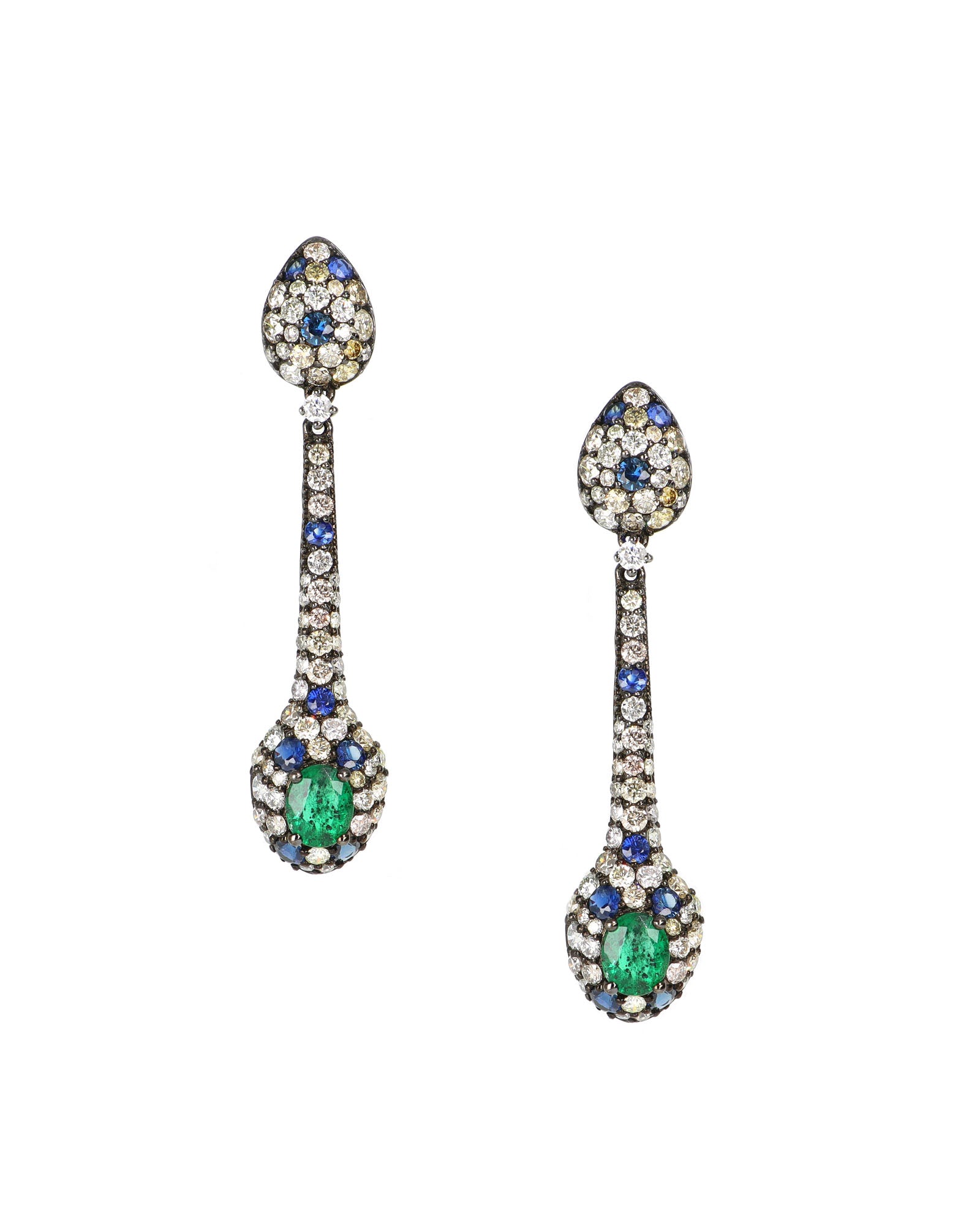 Sapphire, Diamond, and Emerald Pave Drop Earrings