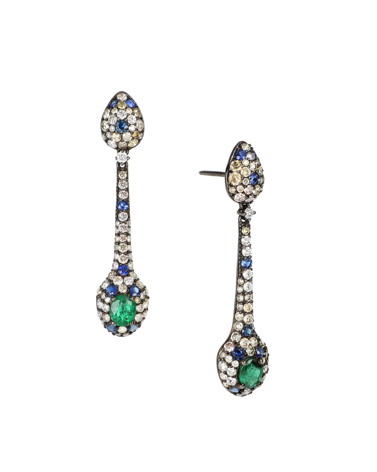 Sapphire, Diamond, and Emerald Pave Drop Earrings