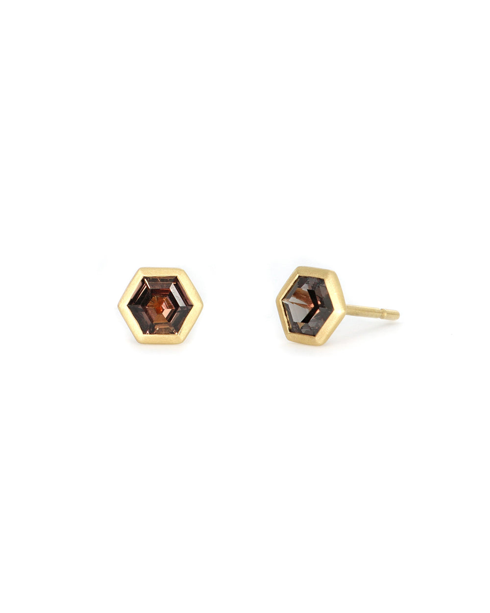 Hexagon Brown Sapphire Bezel Stud Earrings