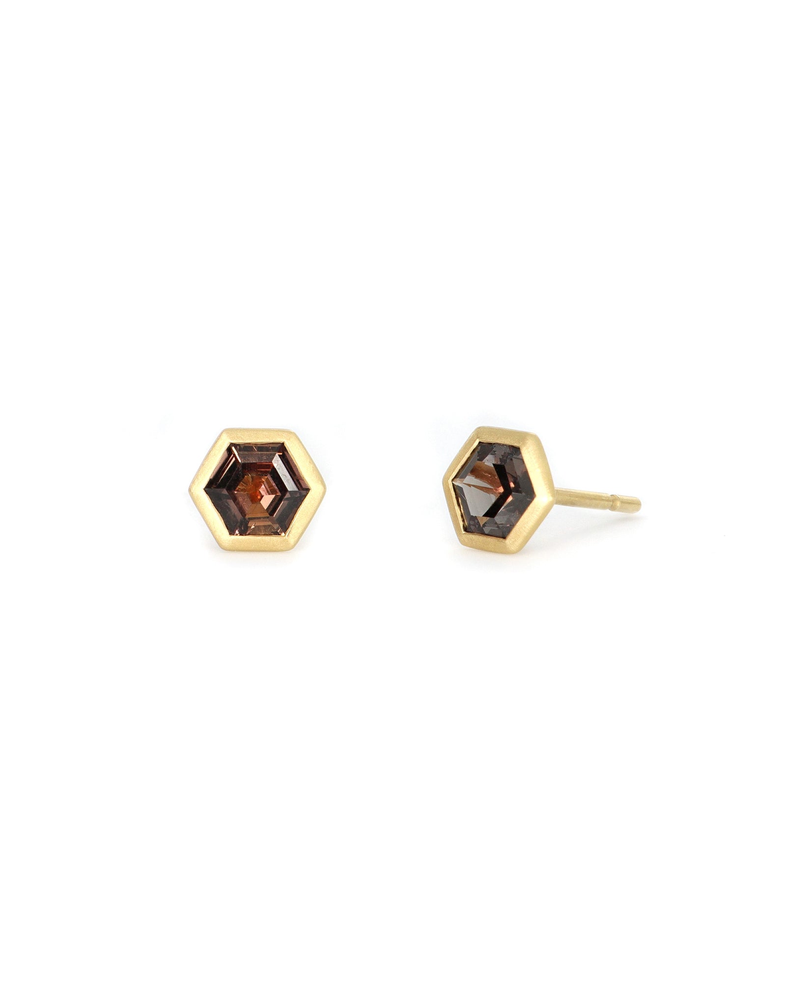 Hexagon Brown Sapphire Bezel Stud Earrings
