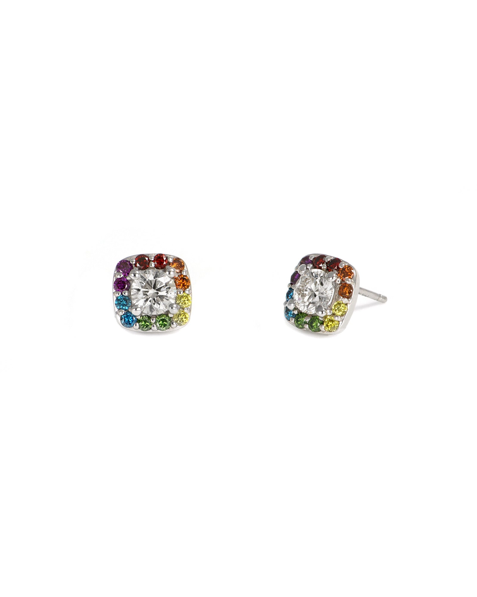 Rainbow Square Halo Diamond Studs