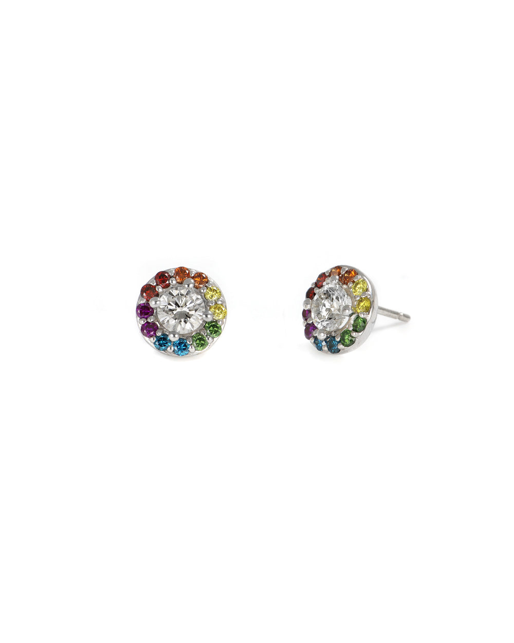 Rainbow Round Halo Diamond Studs