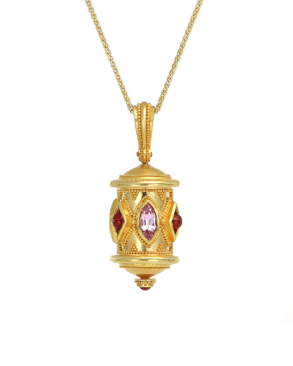 One of a Kind Pink and Ruby Prayer Wheel Pendant