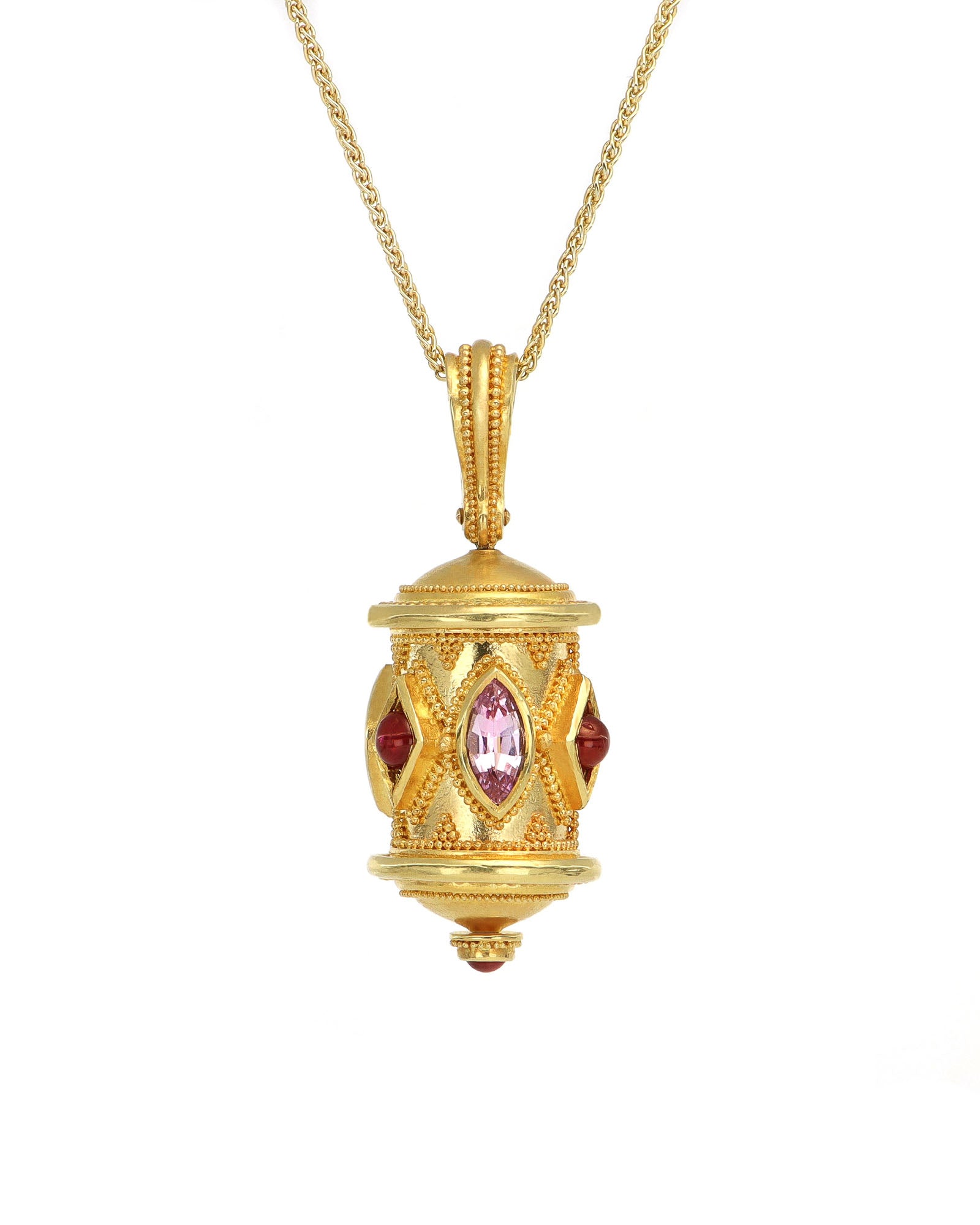 One of a Kind Pink and Ruby Prayer Wheel Pendant