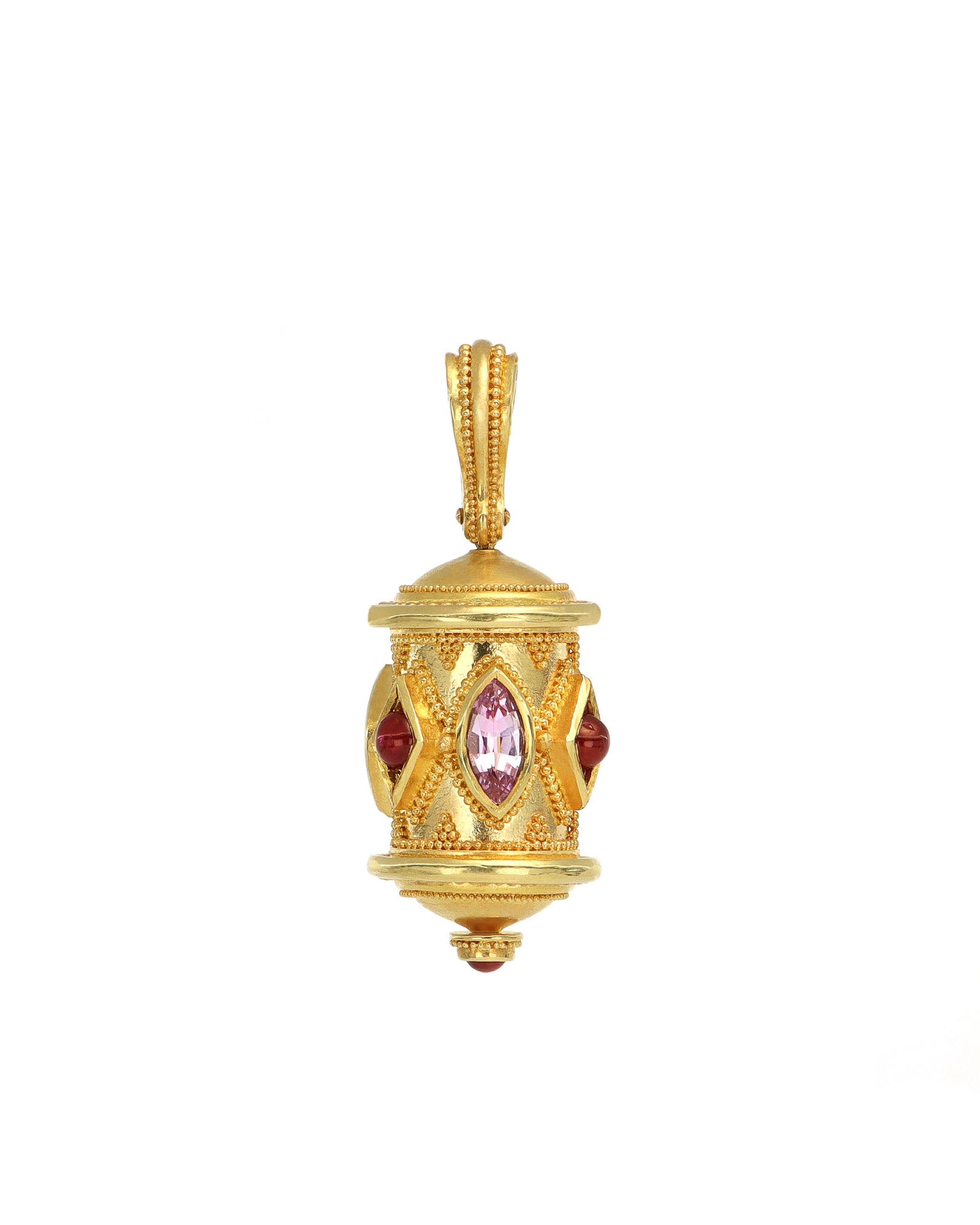 One of a Kind Pink and Ruby Prayer Wheel Pendant