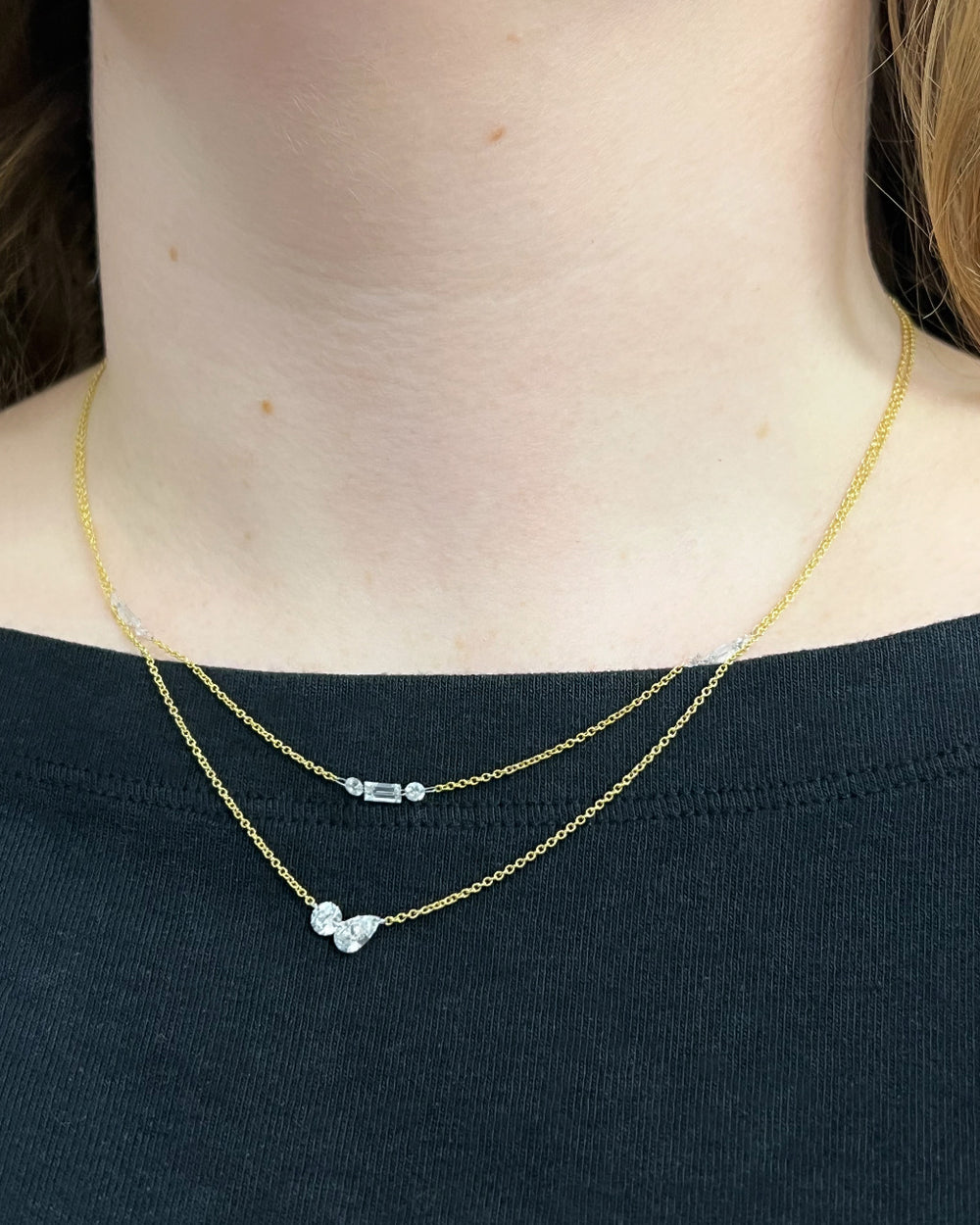 Dainty Round and Baguette Lab Diamond Suspension Station Necklace