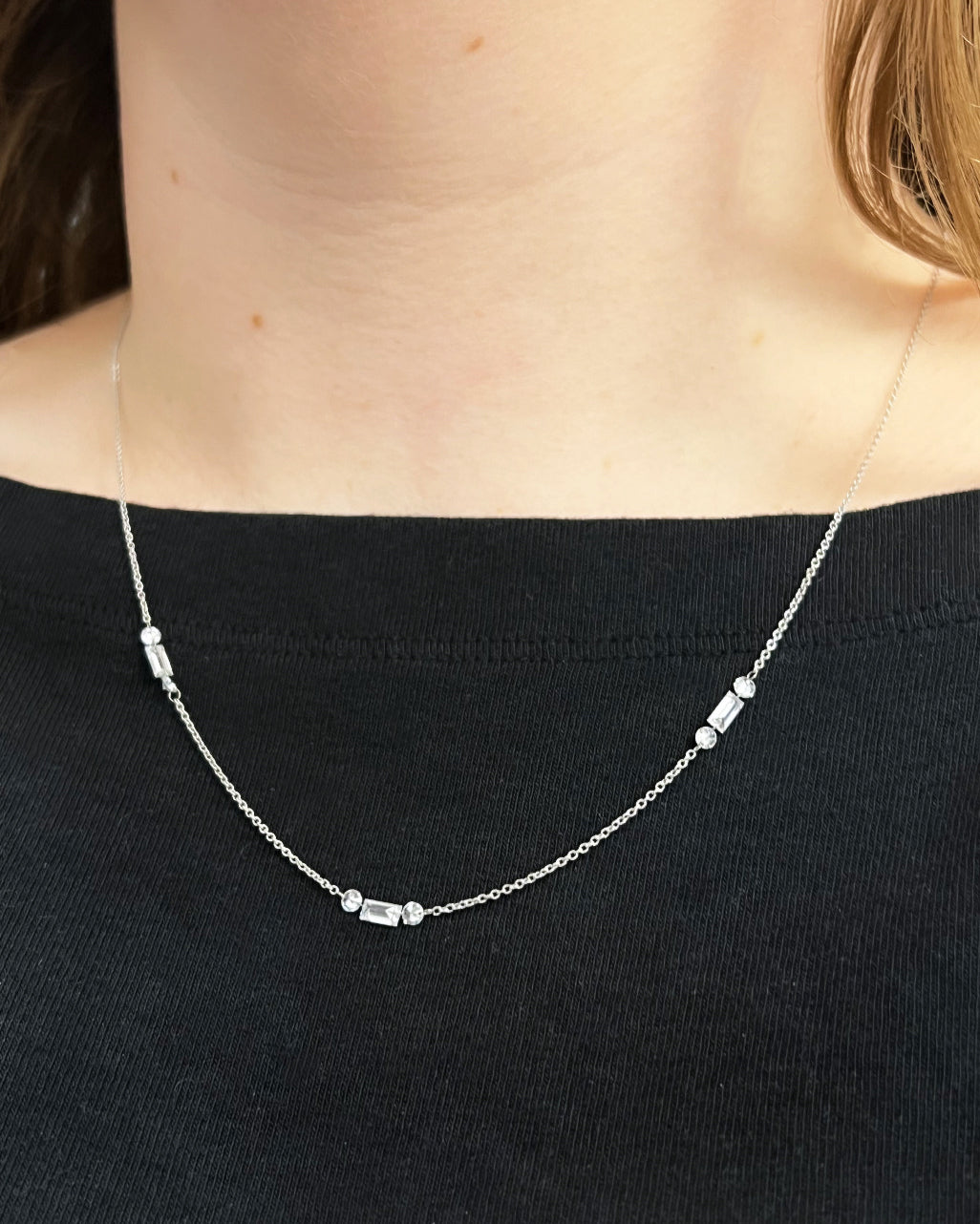 Dainty 14kw Round and Baguette Lab Diamond Suspension Station Necklace