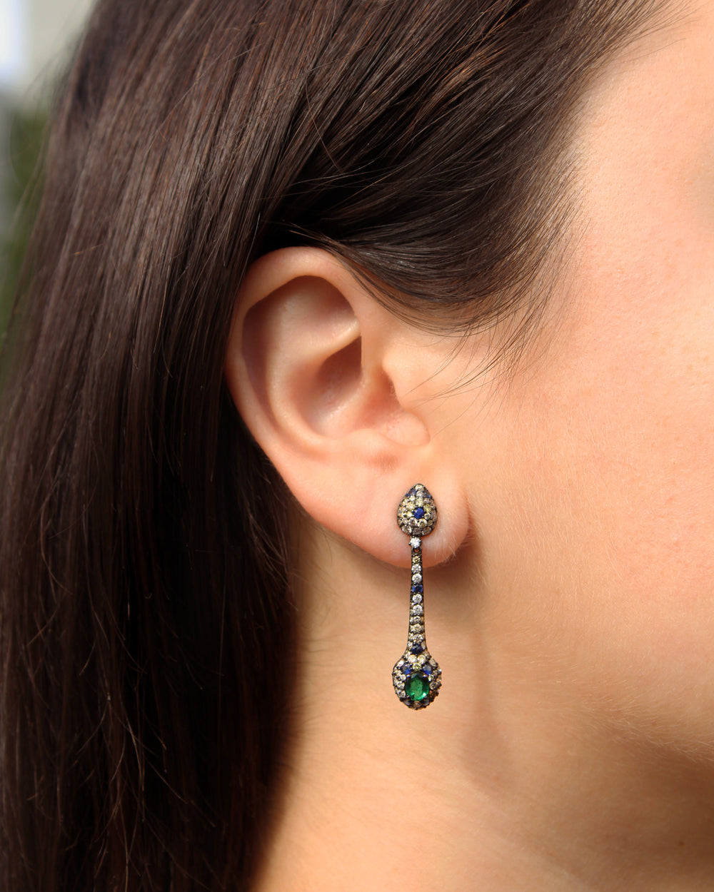 Sapphire, Diamond, and Emerald Pave Drop Earrings