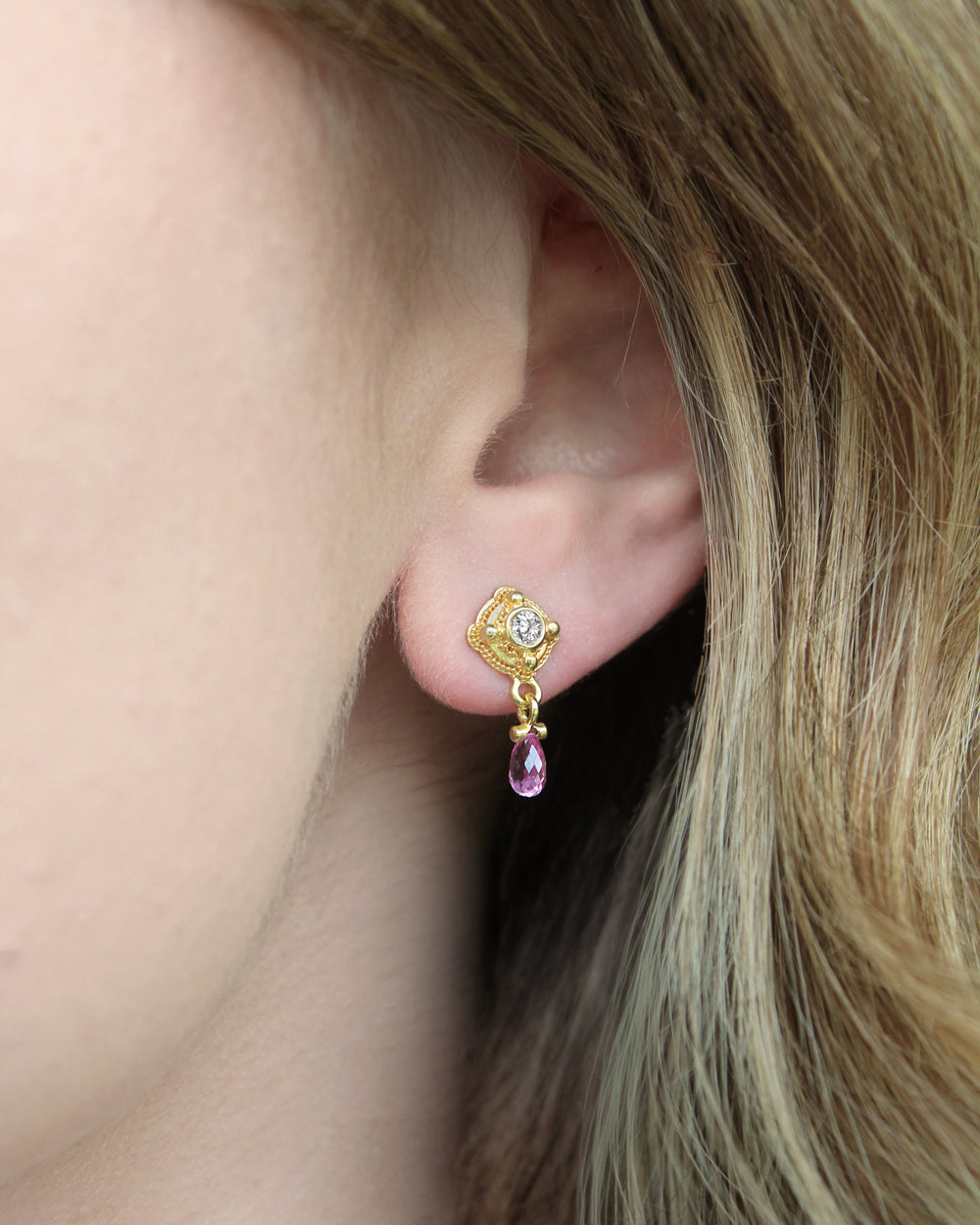Diamond, Pink Sapphire Drop Earrings