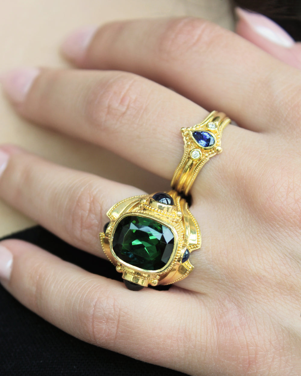 Green Tourmaline and Blue Sapphire Cocktail Ring