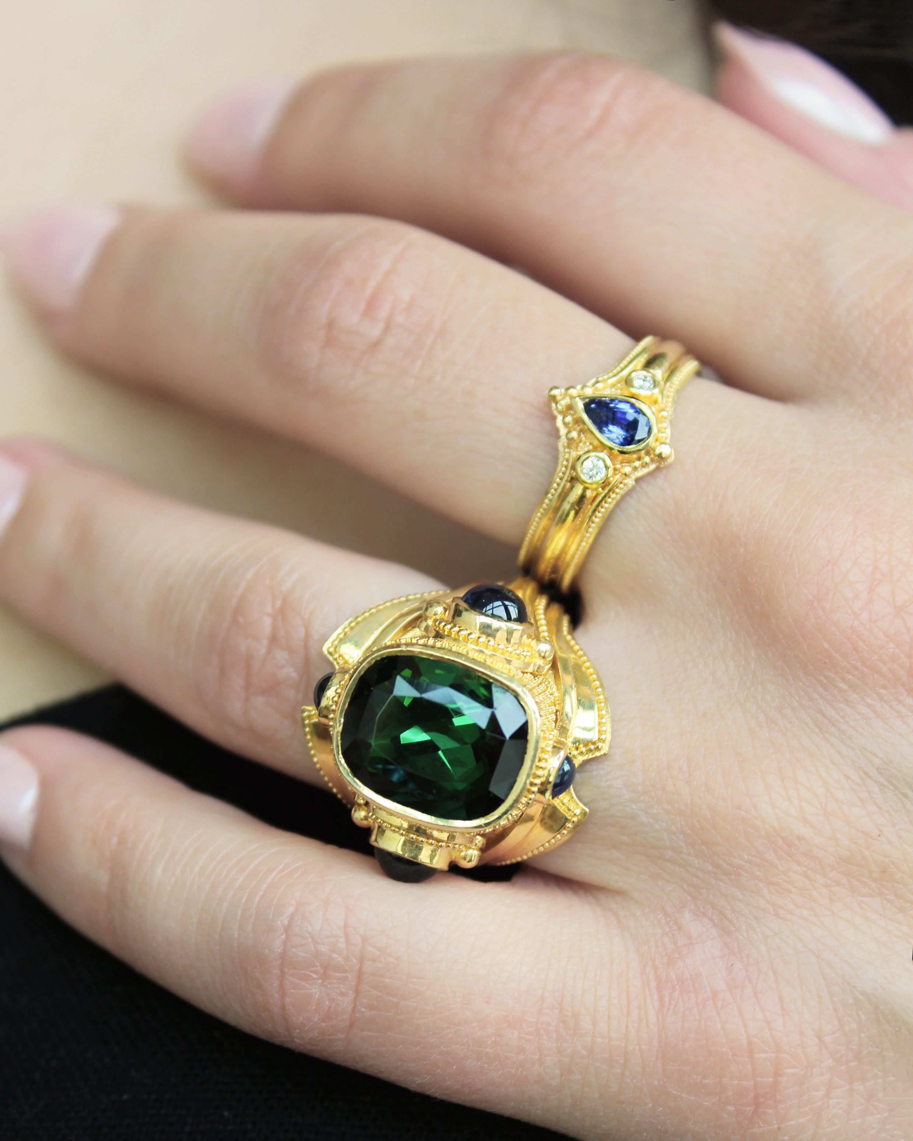Green Tourmaline and Blue Sapphire Cocktail Ring