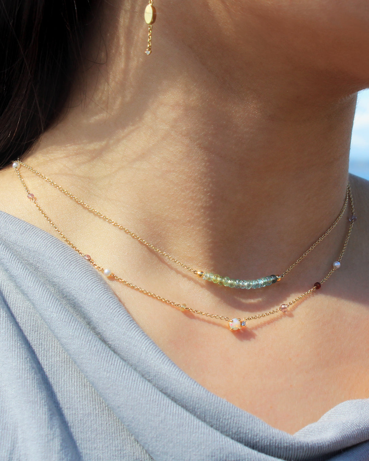 Montana Sapphire Bead Gold Bar Necklace