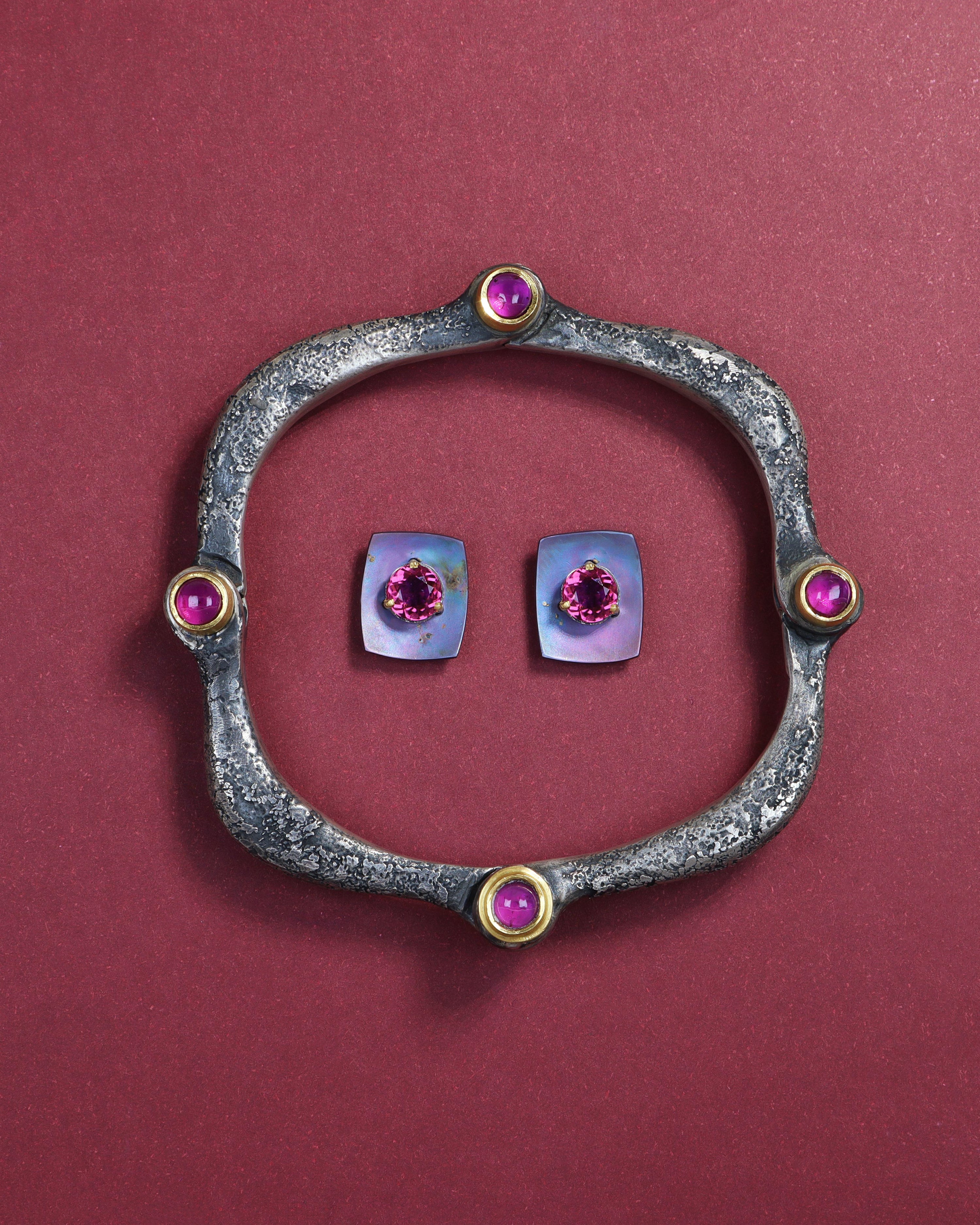 Titanium Rhodolite Garnet Stud Earrings