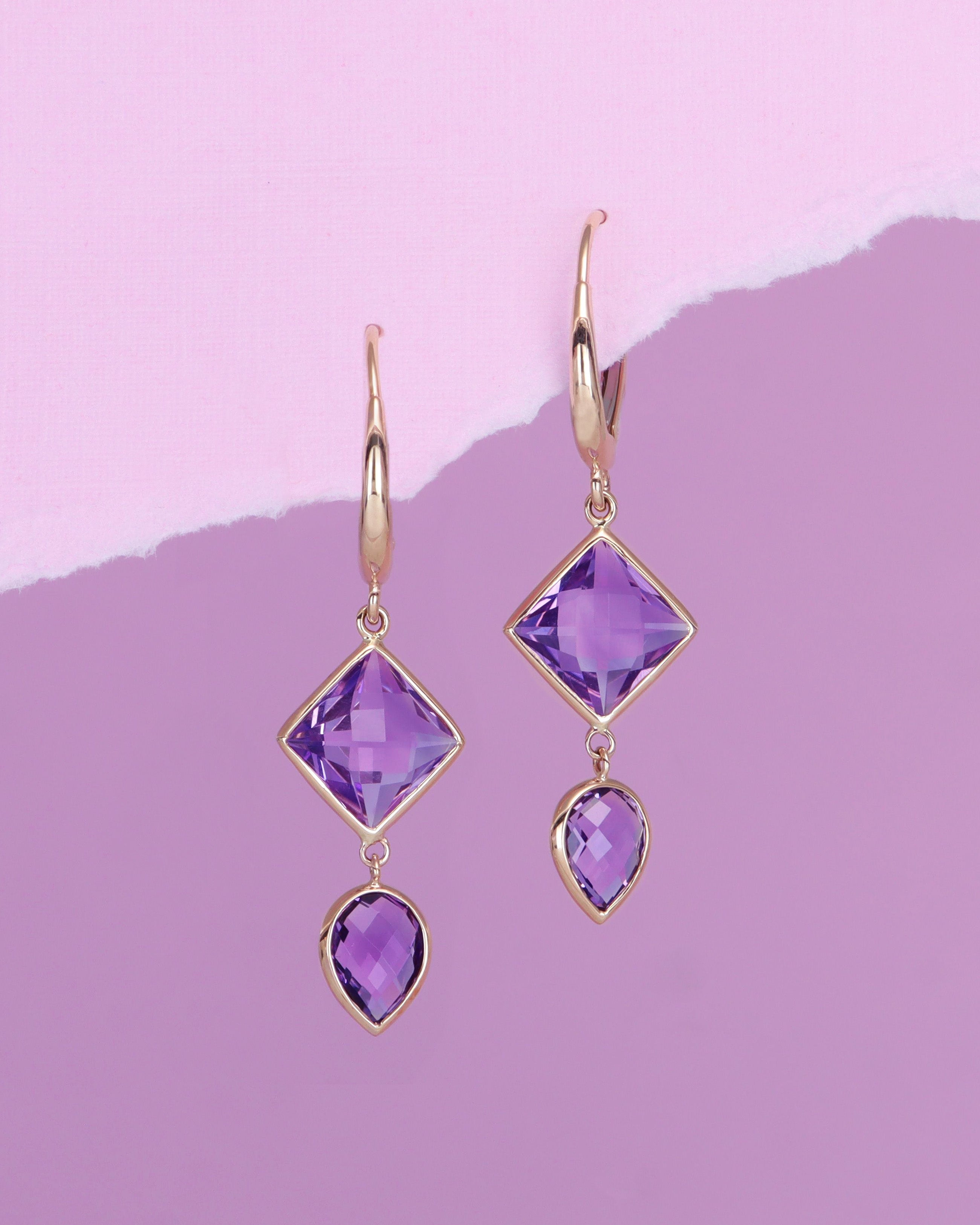 Square and Pear Amethyst Earrings