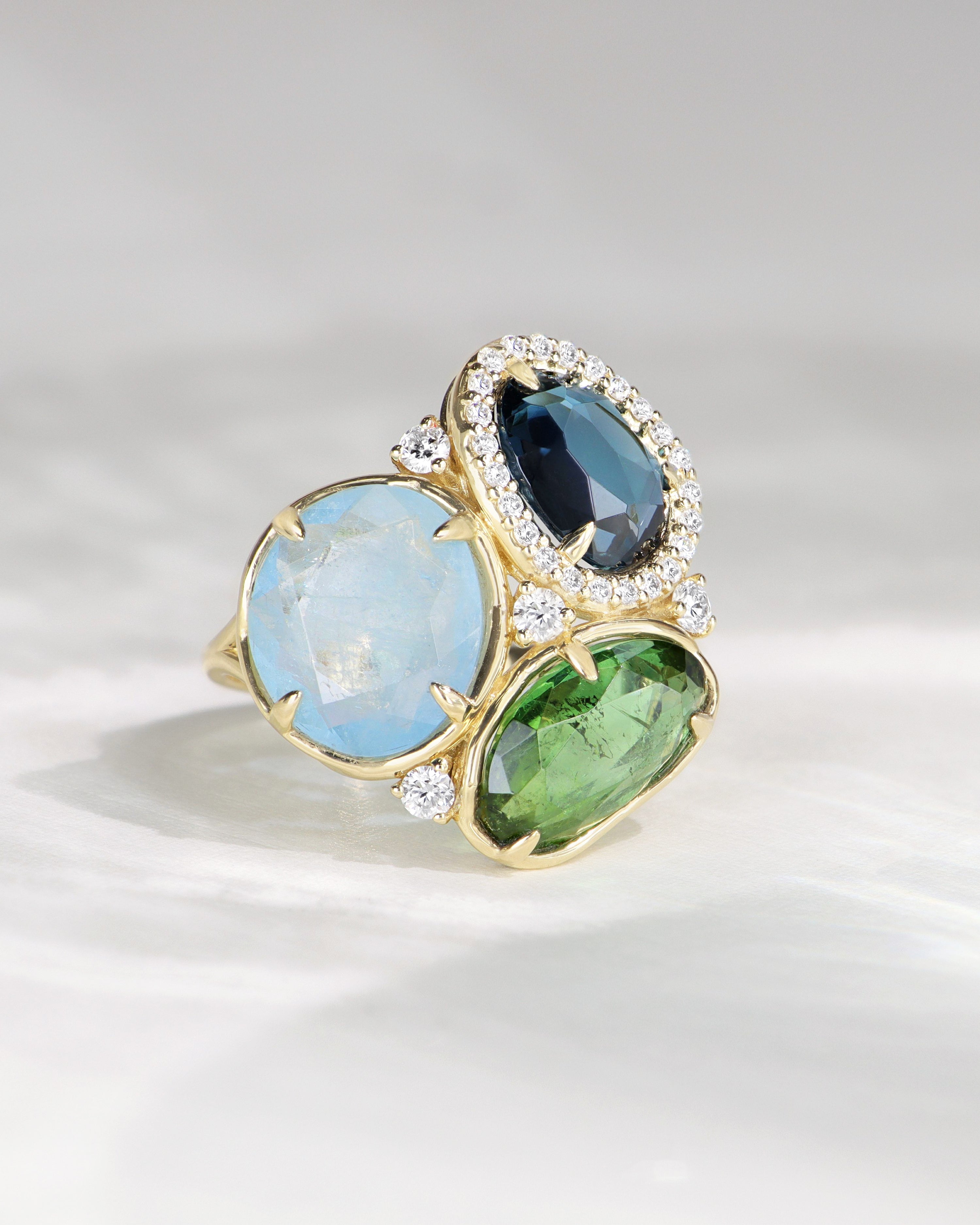 Blue and Green Cluster Aqua & Topaz Ring